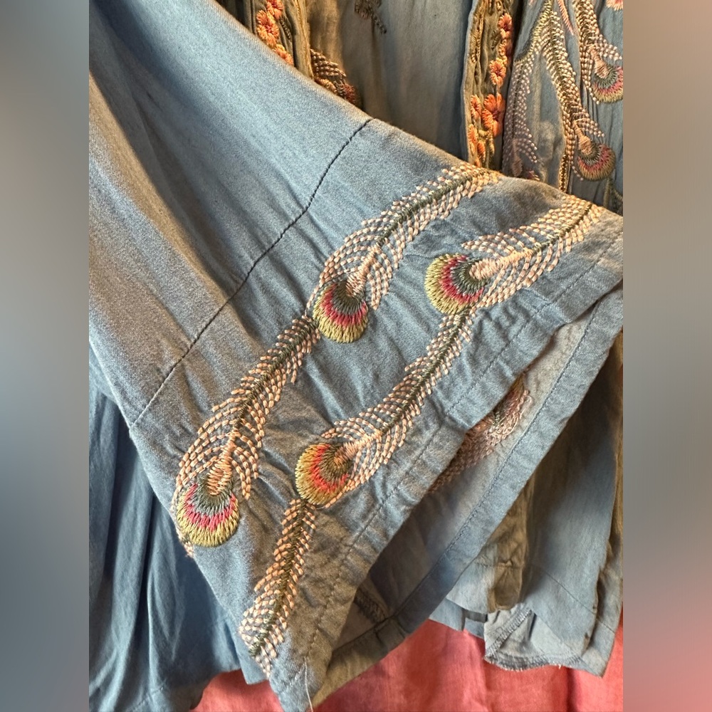 Johnny Was Blue Embroidered Crane Jacket with Pink Yellow Orange Accents - Picture 2 of 11
